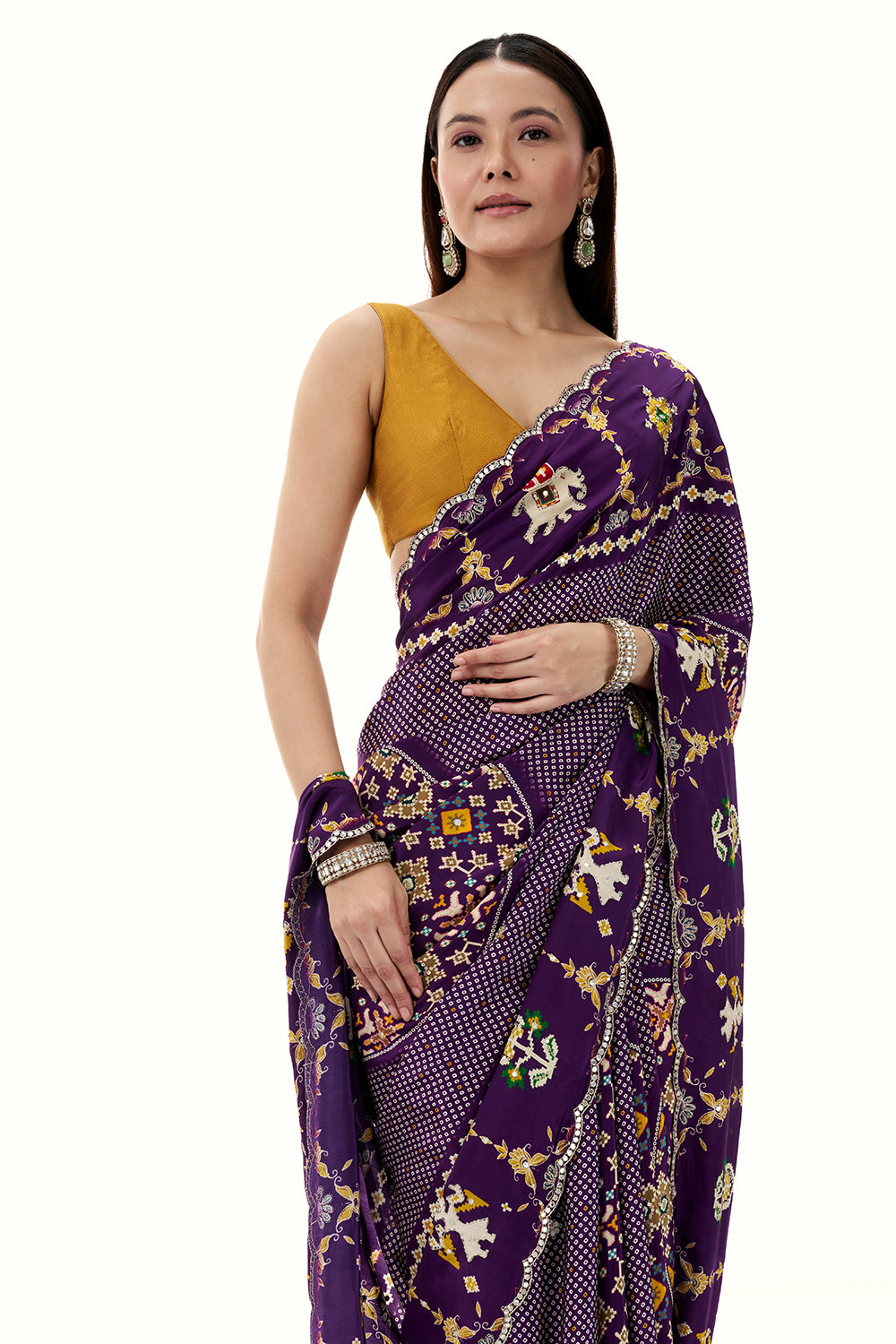 Purple Crepe Bandhani and Patola Printed Saree with Mirror Work