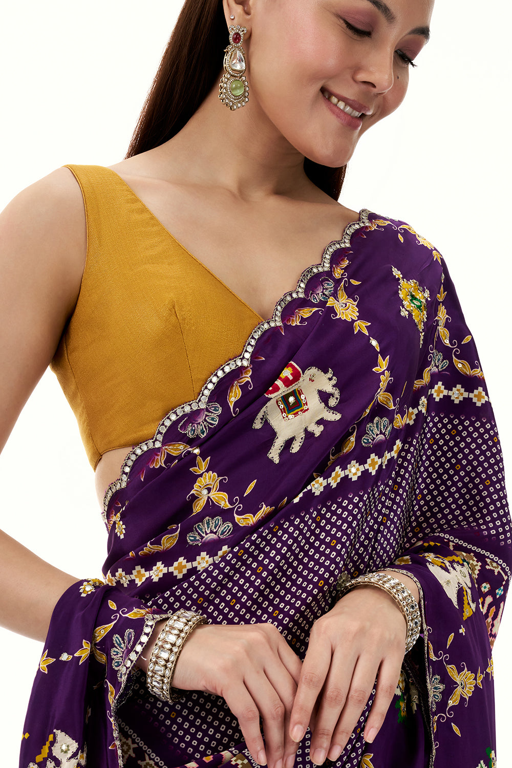 Purple Crepe Bandhani and Patola Printed Saree with Mirror Work