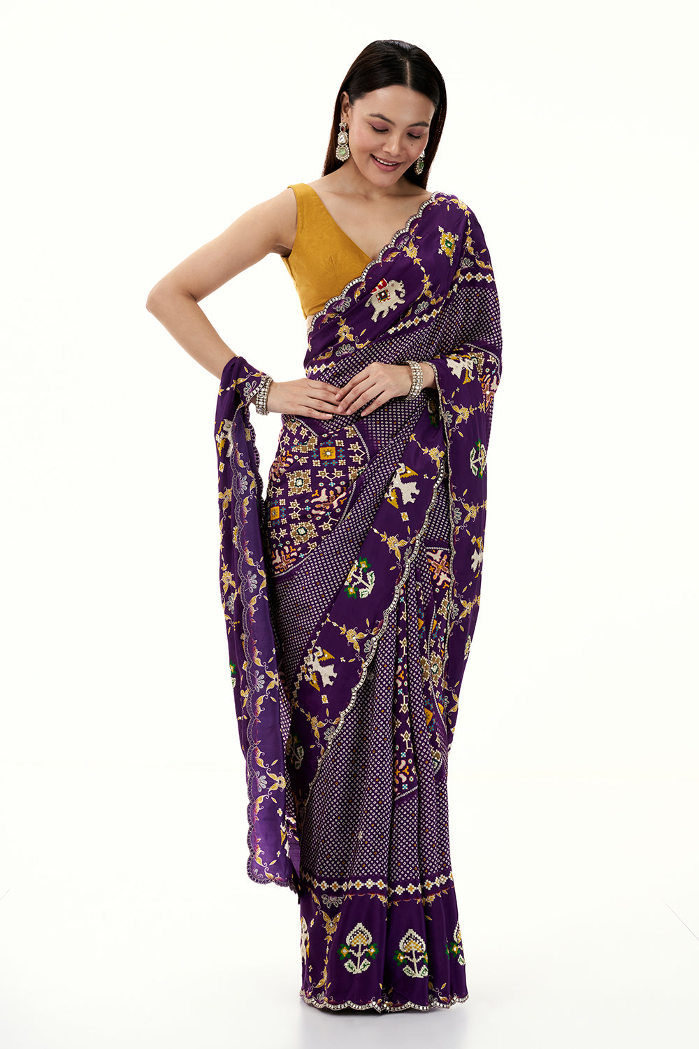 Purple Crepe Bandhani and Patola Printed Saree with Mirror Work
