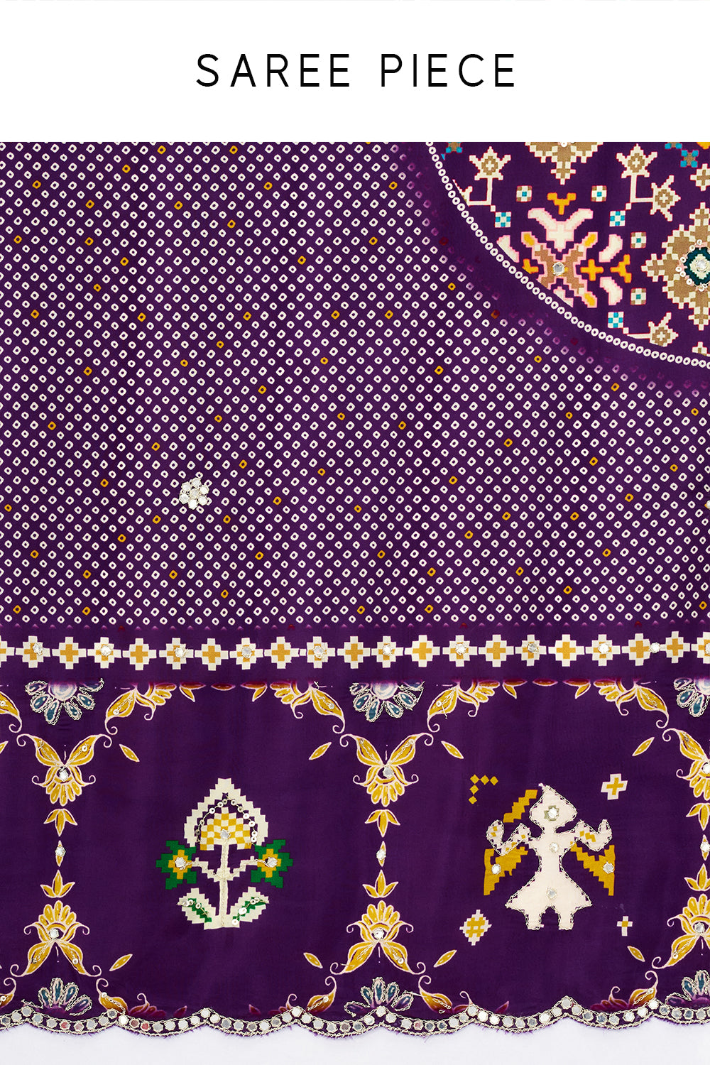Purple Crepe Bandhani and Patola Printed Saree with Mirror Work