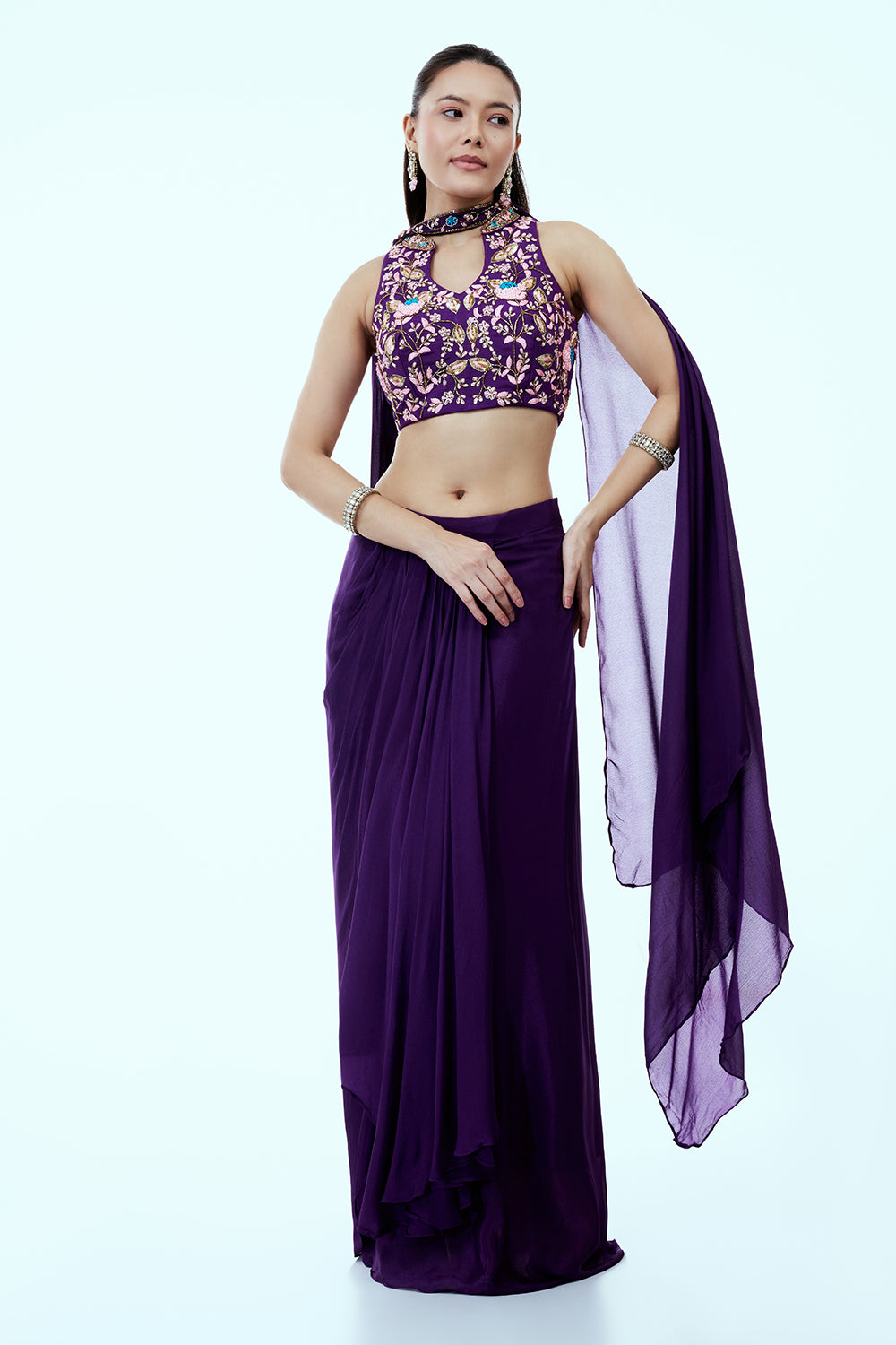 Purple Crepe Indo Western Set with Sequin and Resham Work