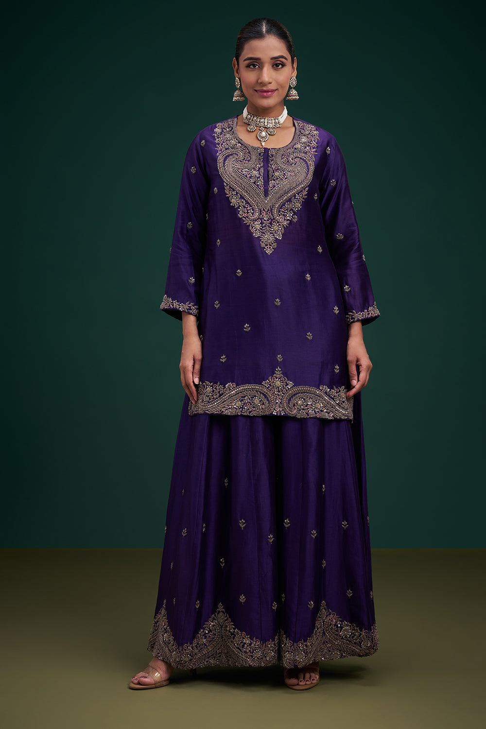 Purple Dupion Pure Silk Sharara Suit with Zardozi Indian Motifs