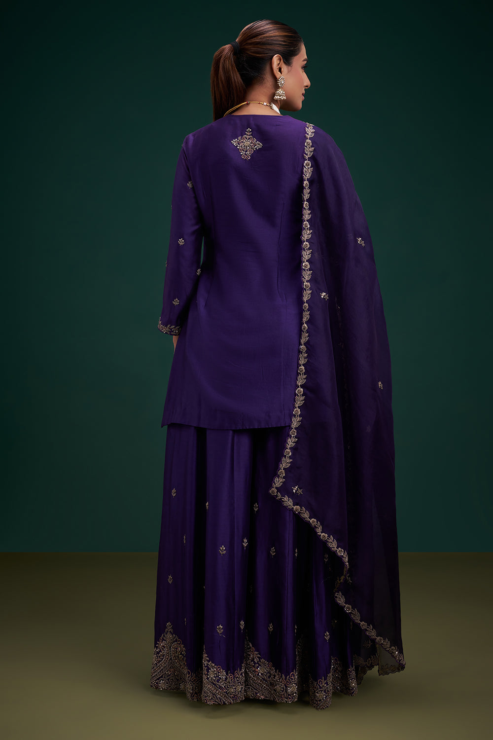 Purple Dupion Pure Silk Sharara Suit with Zardozi Indian Motifs