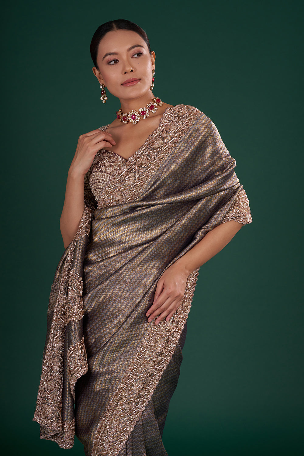 Metallic Purple Shimmer Zari Brocade Saree with Rose Gold Cutdana Embroidery and Unstitched Blouse