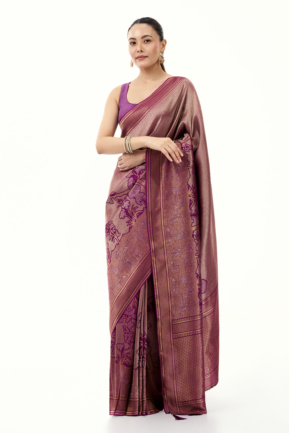 Purple Jacquard Silk Woven Saree with Nature Inspired Motifs