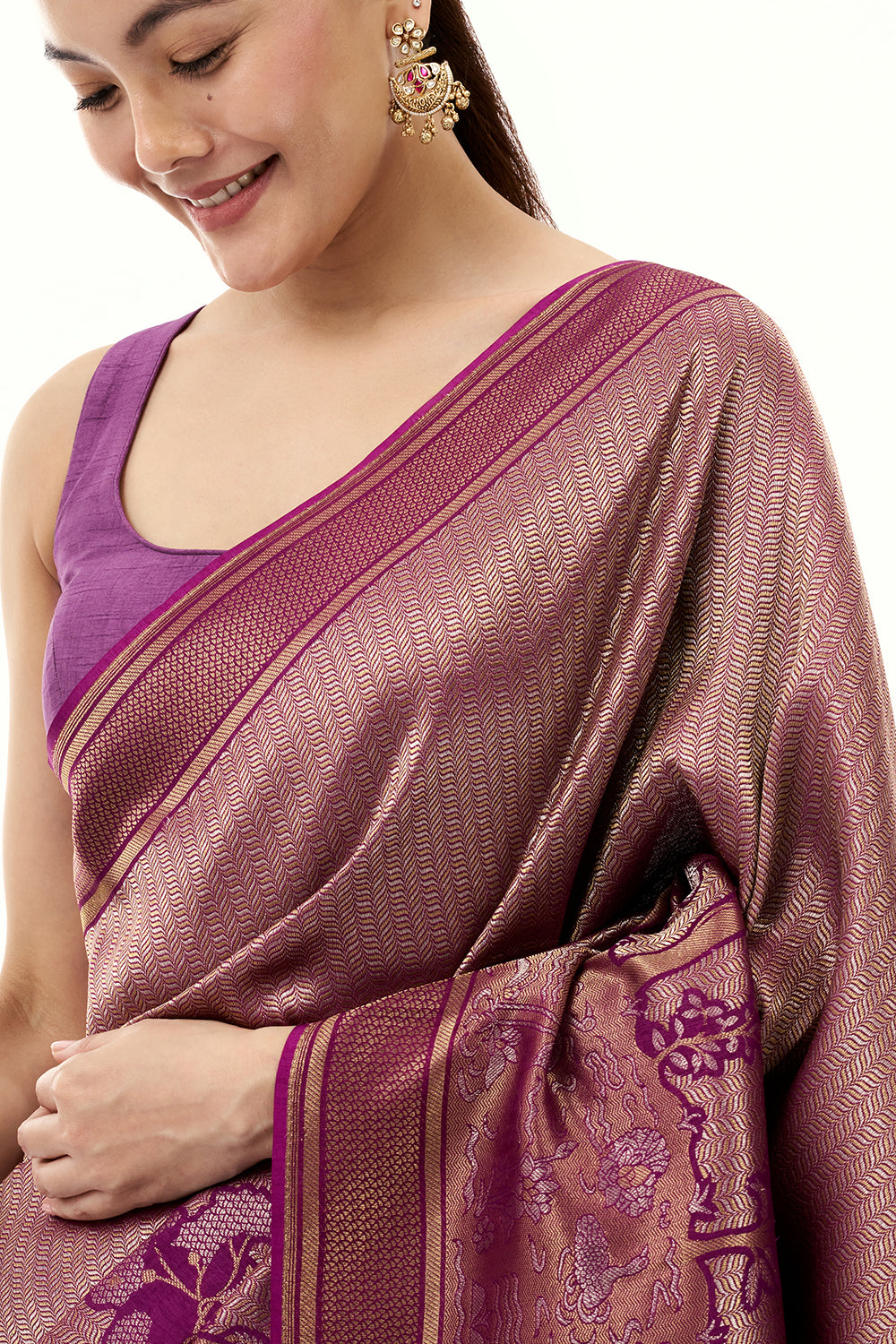 Purple Jacquard Silk Woven Saree with Nature Inspired Motifs