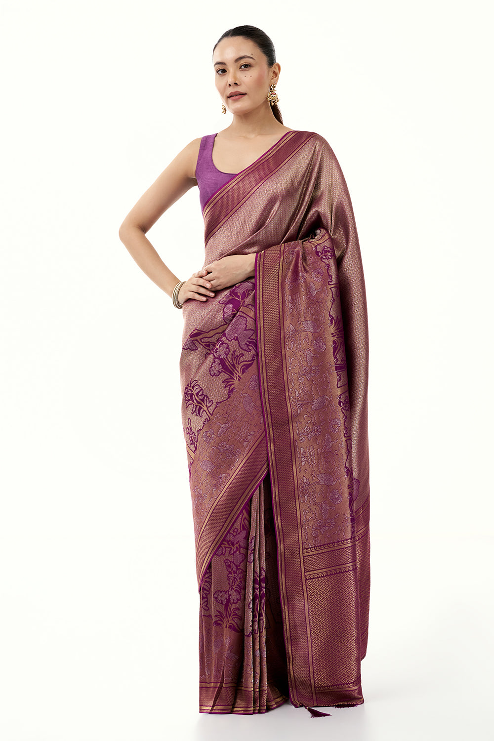 Purple Jacquard Silk Woven Saree with Nature Inspired Motifs