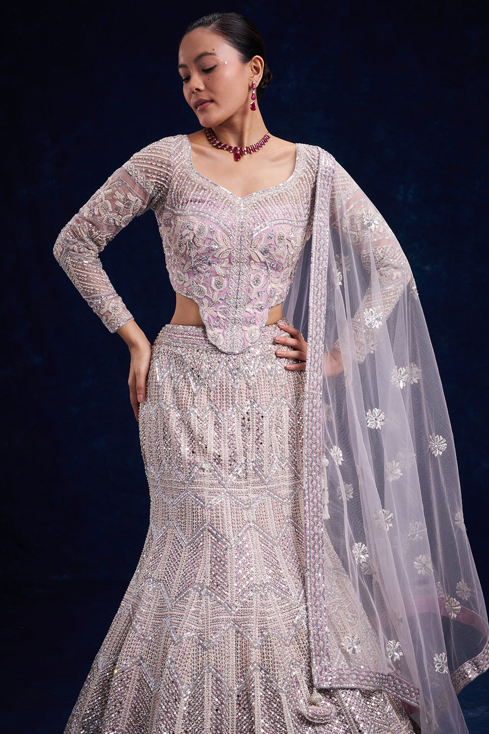 Purple Net Bridal Lehenga with Cutdana and Sequin Work