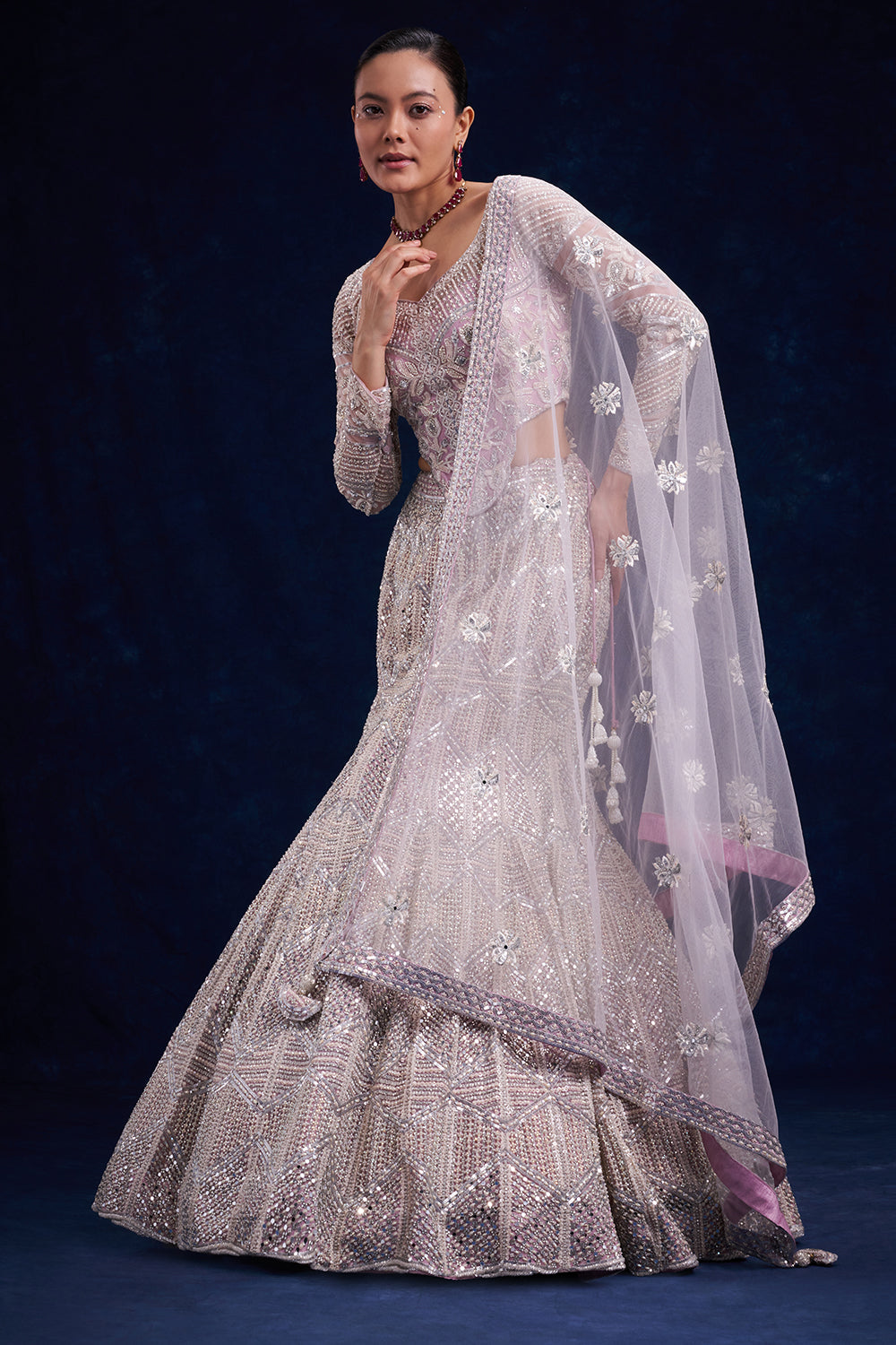 Purple Net Bridal Lehenga with Cutdana and Sequin Work