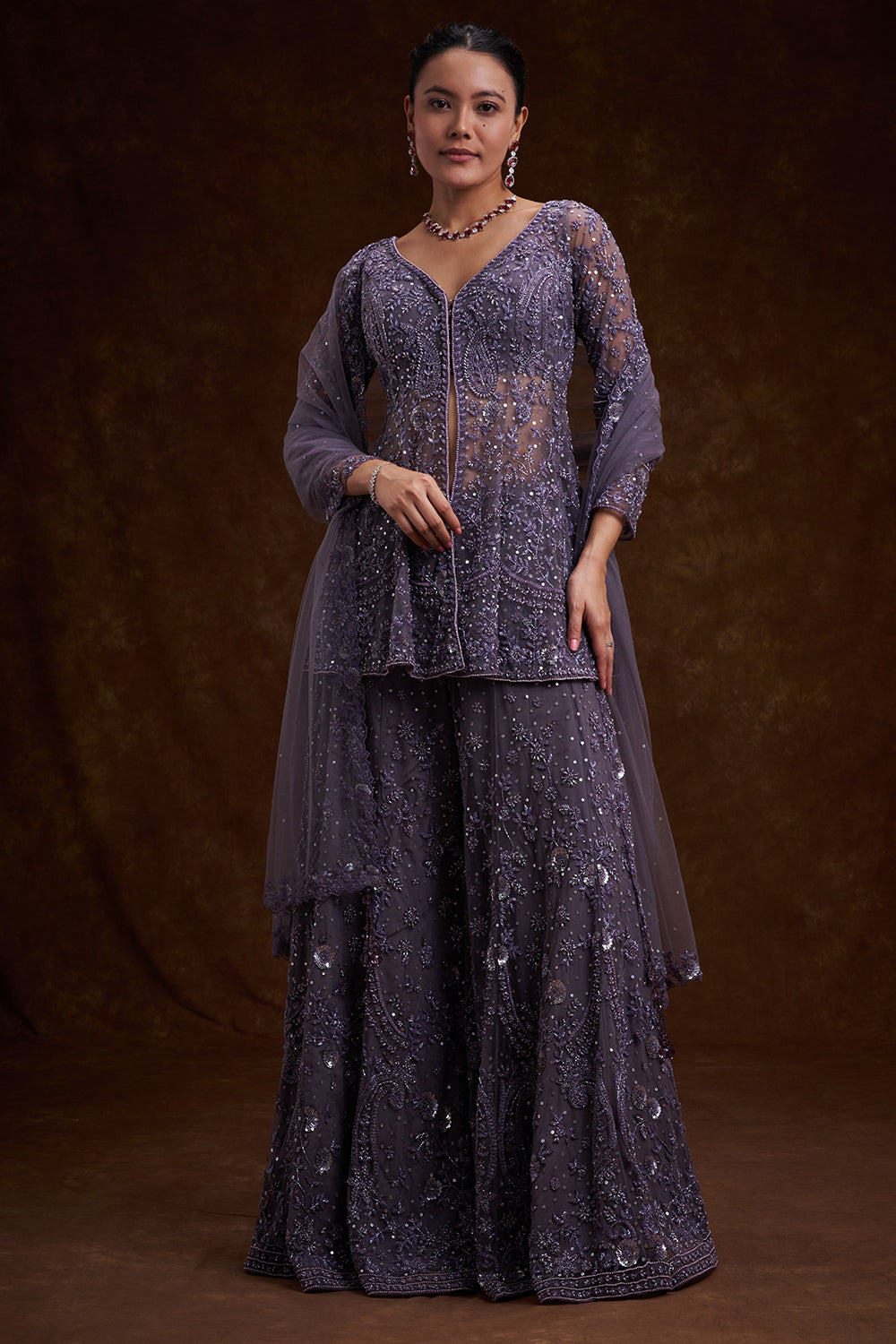 Purple Net Indo-Western Set with Sequins and Bead Work
