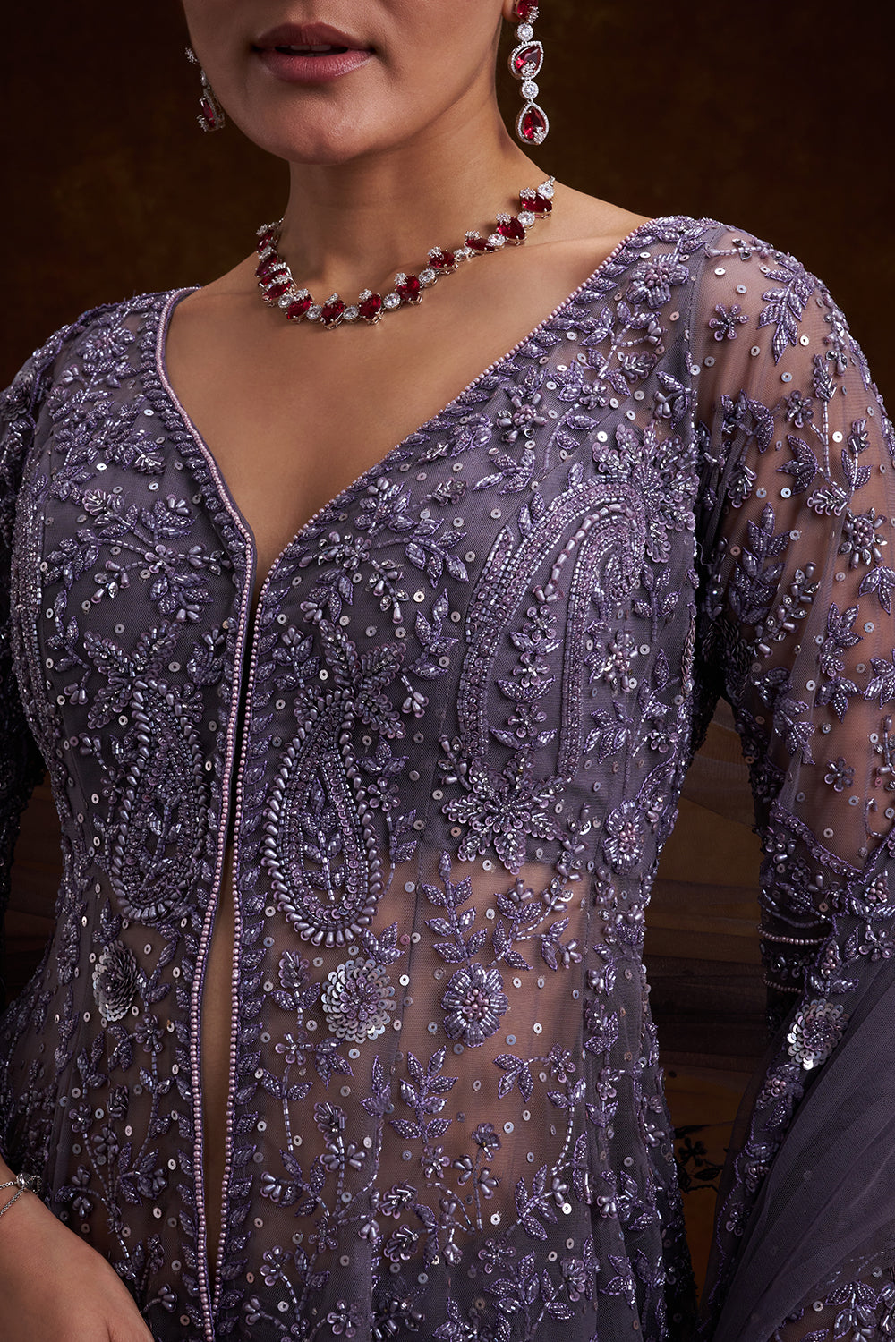 Purple Net Indo-Western Set with Sequins and Bead Work