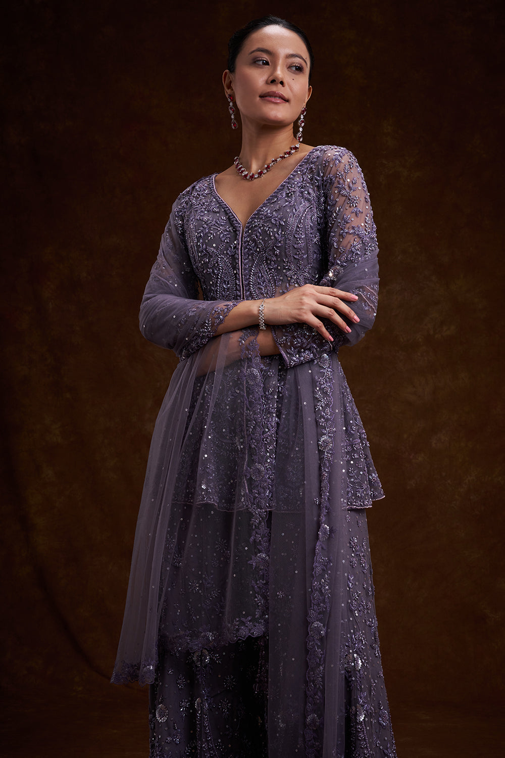 Purple Net Indo-Western Set with Sequins and Bead Work