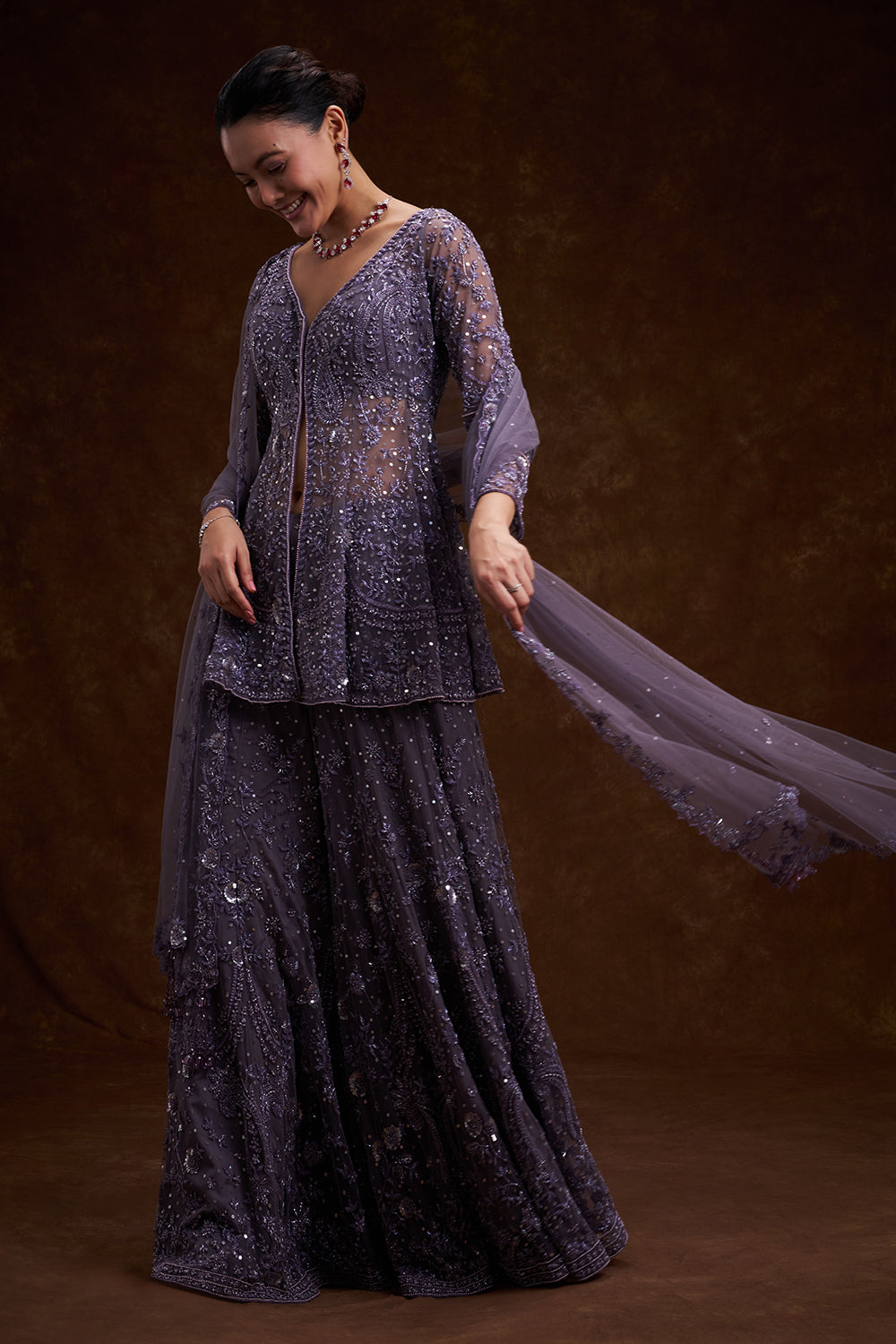 Purple Net Indo-Western Set with Sequins and Bead Work