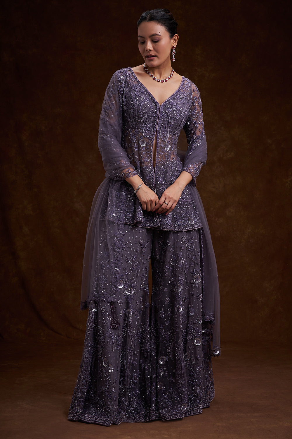 Purple Net Indo-Western Set with Sequins and Bead Work