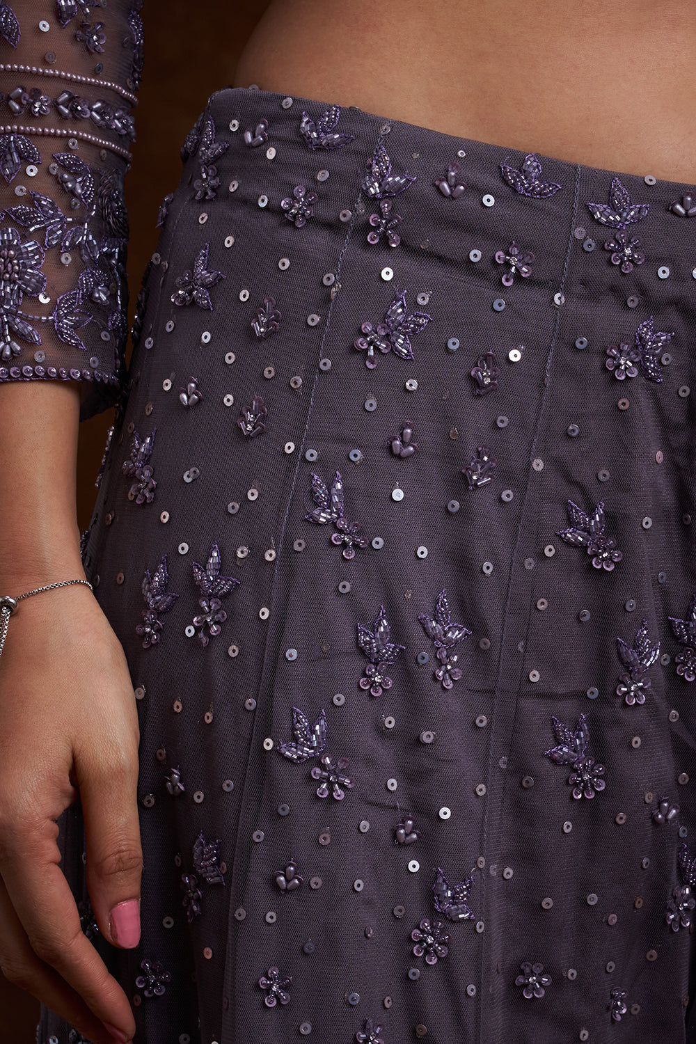 Purple Net Indo-Western Set with Sequins and Bead Work