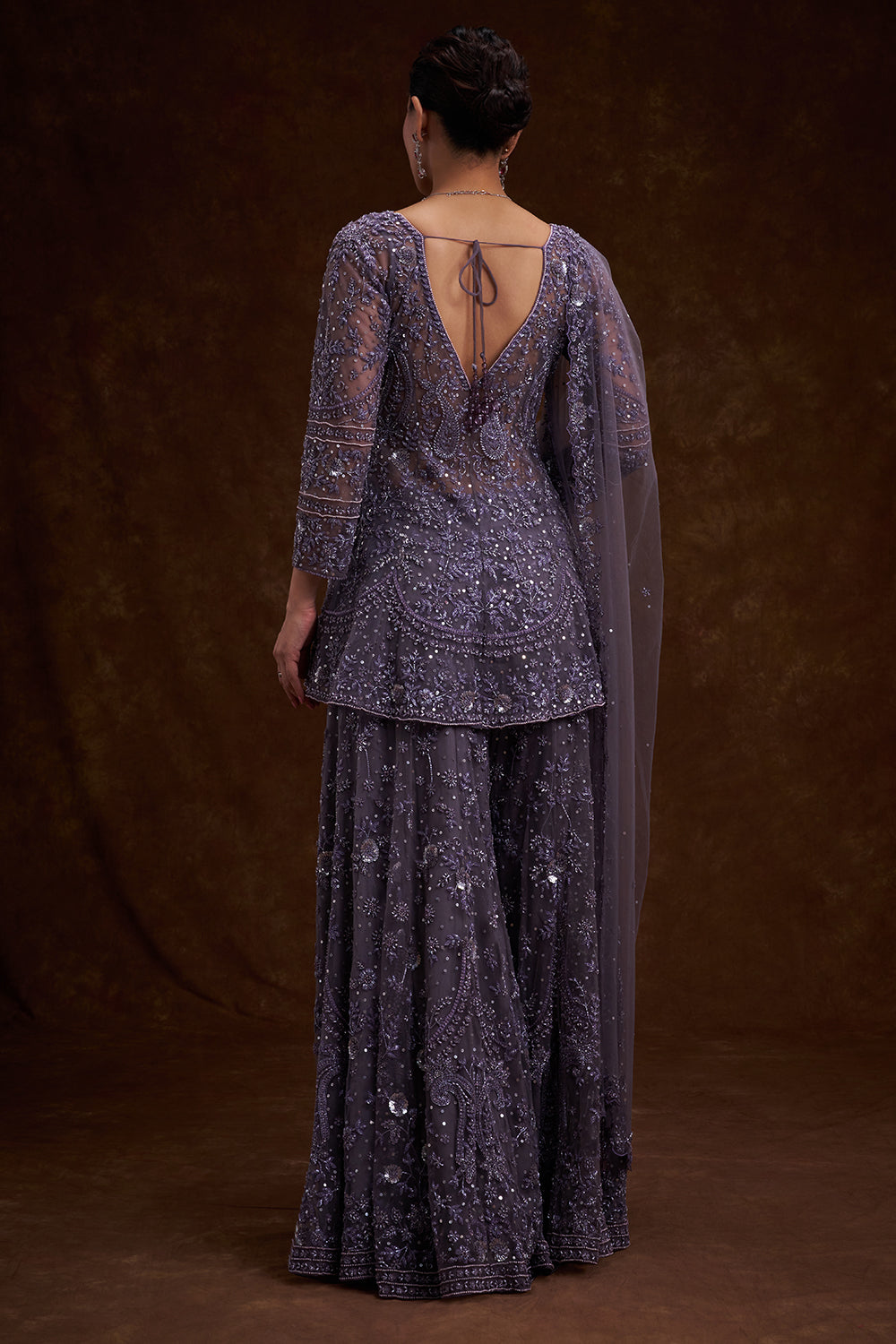 Purple Net Indo-Western Set with Sequins and Bead Work
