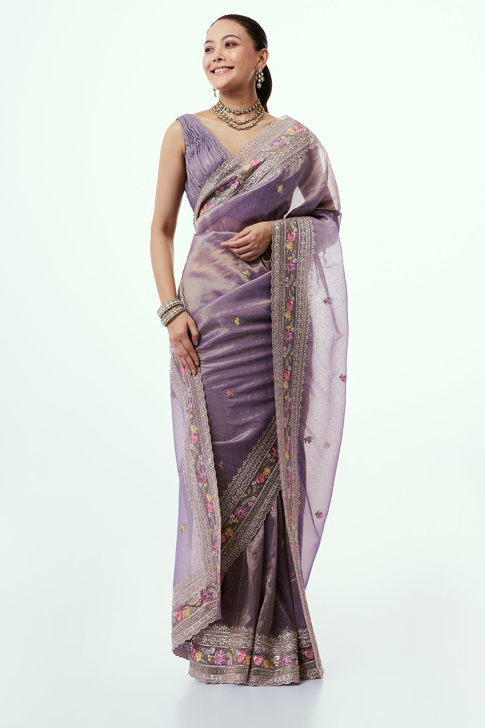 Purple Organza Saree with Zari Border