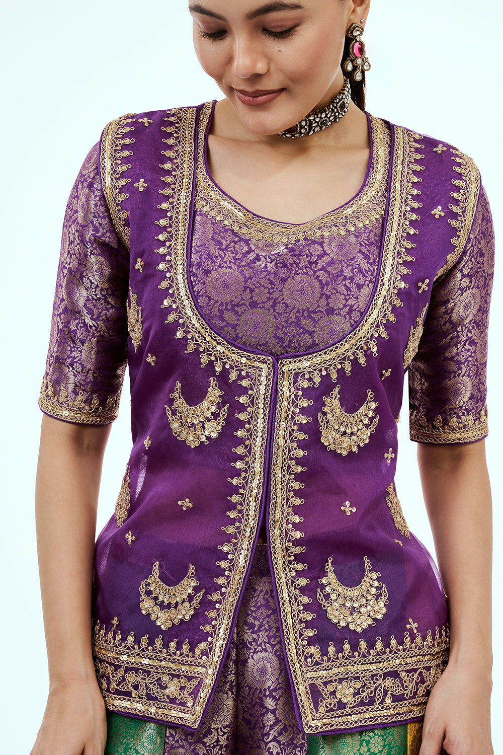 Purple Organza Suit Set with Zardosi Work and Multicoloured Brocade Pants