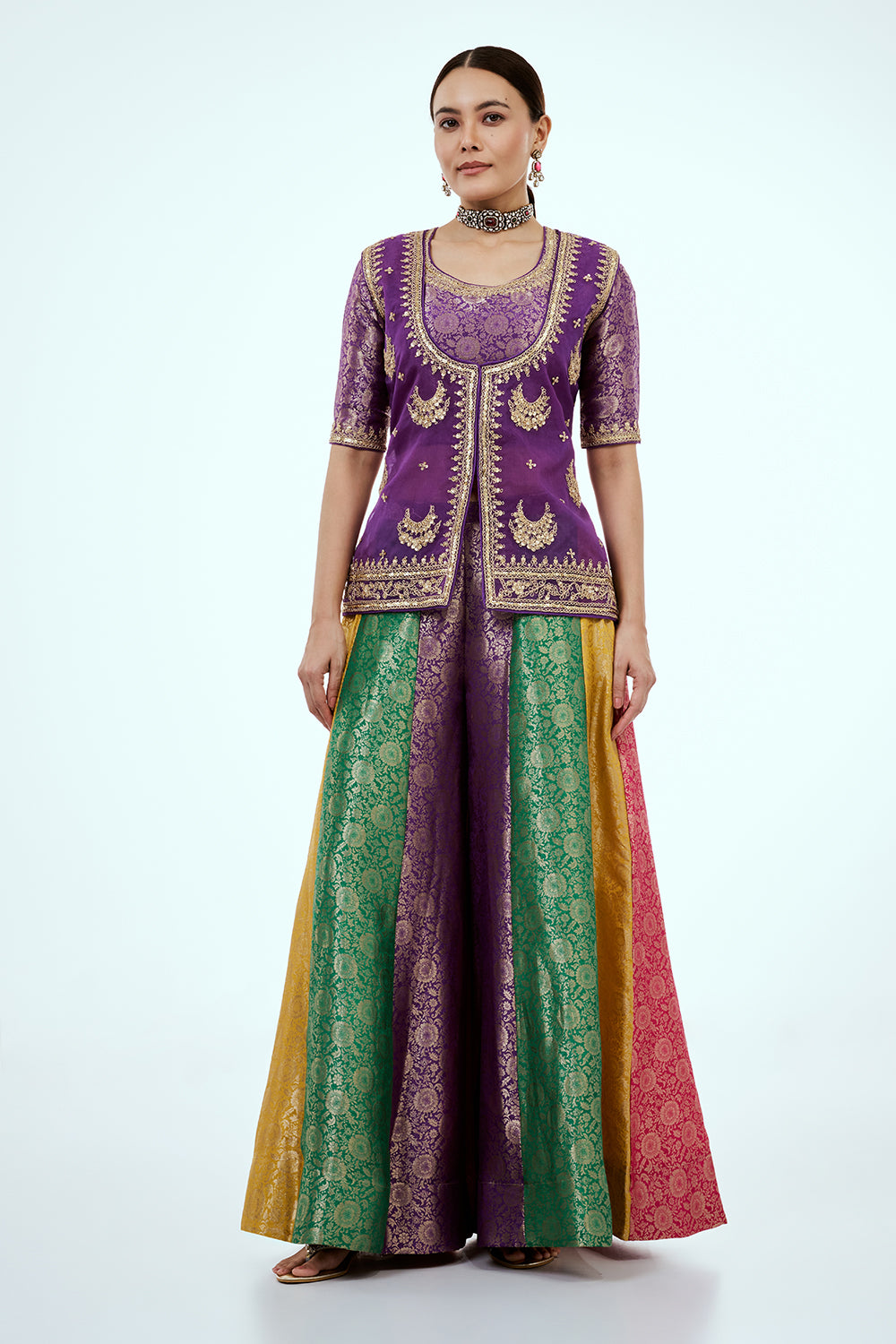 Purple Organza Suit Set with Zardosi Work and Multicoloured Brocade Pants