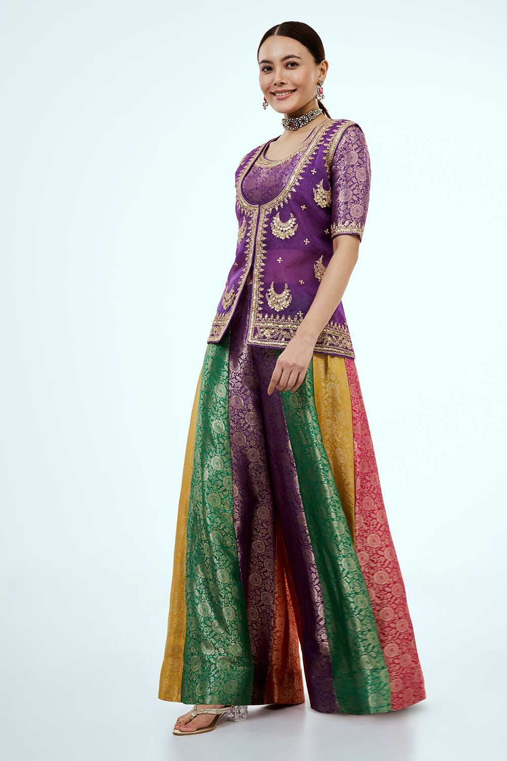 Purple Organza Suit Set with Zardosi Work and Multicoloured Brocade Pants