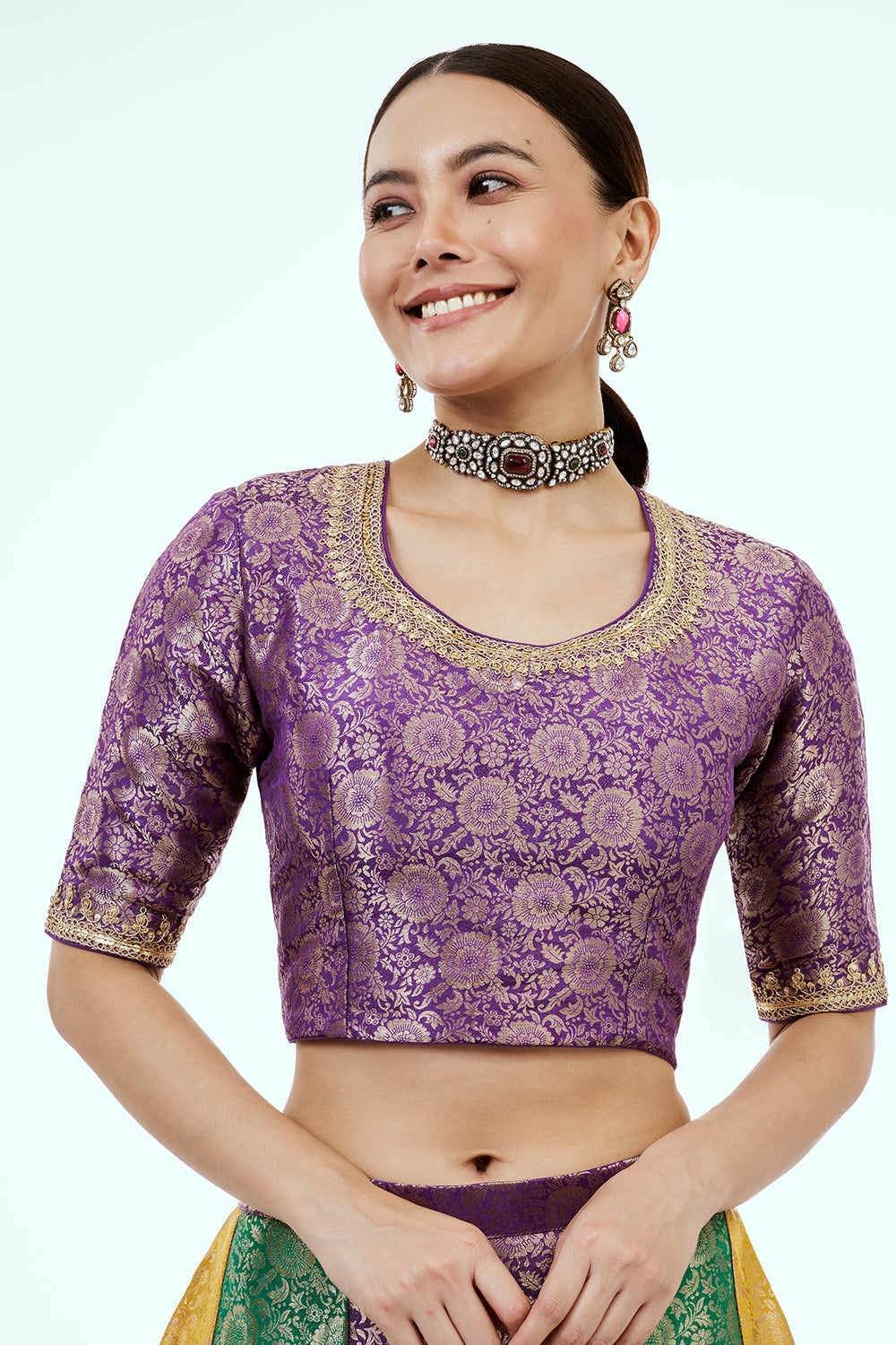 Purple Organza Suit Set with Zardosi Work and Multicoloured Brocade Pants