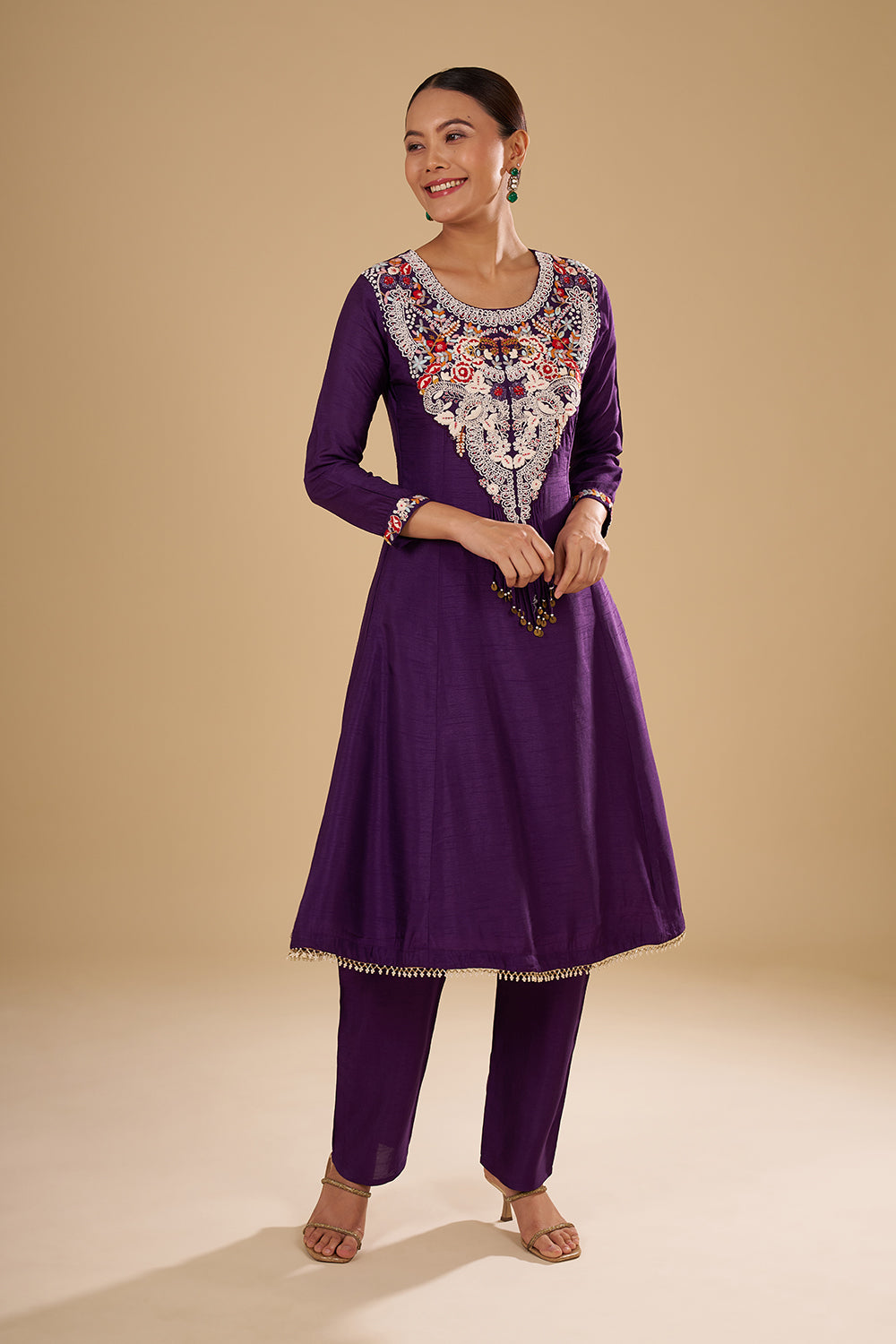 Purple Pure Silk Semi Anarkali Set