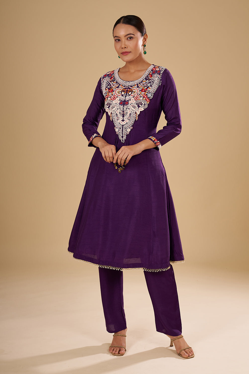 Purple Pure Silk Semi Anarkali Set