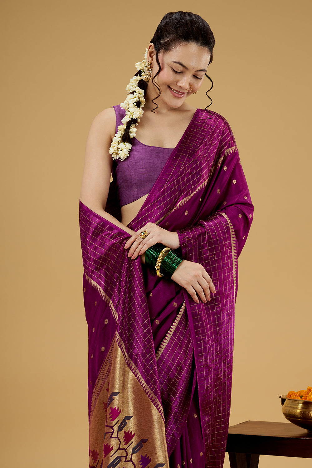 Purple Satin Silk Saree with Zari Work