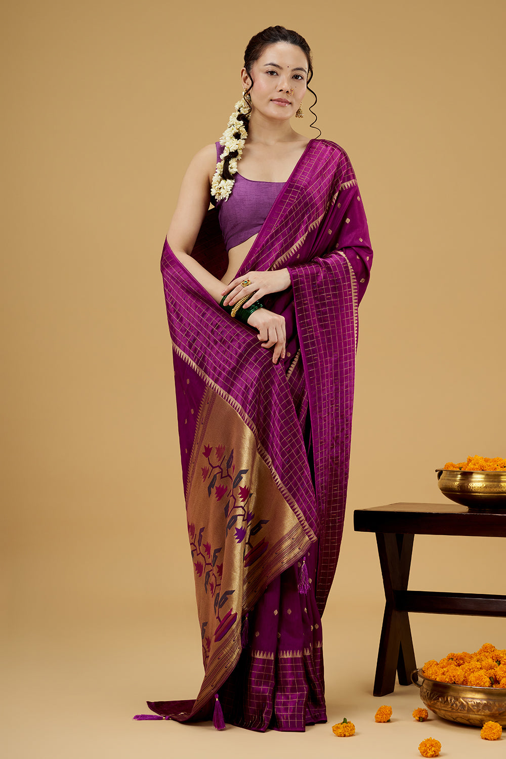 Purple Satin Silk Saree with Zari Work