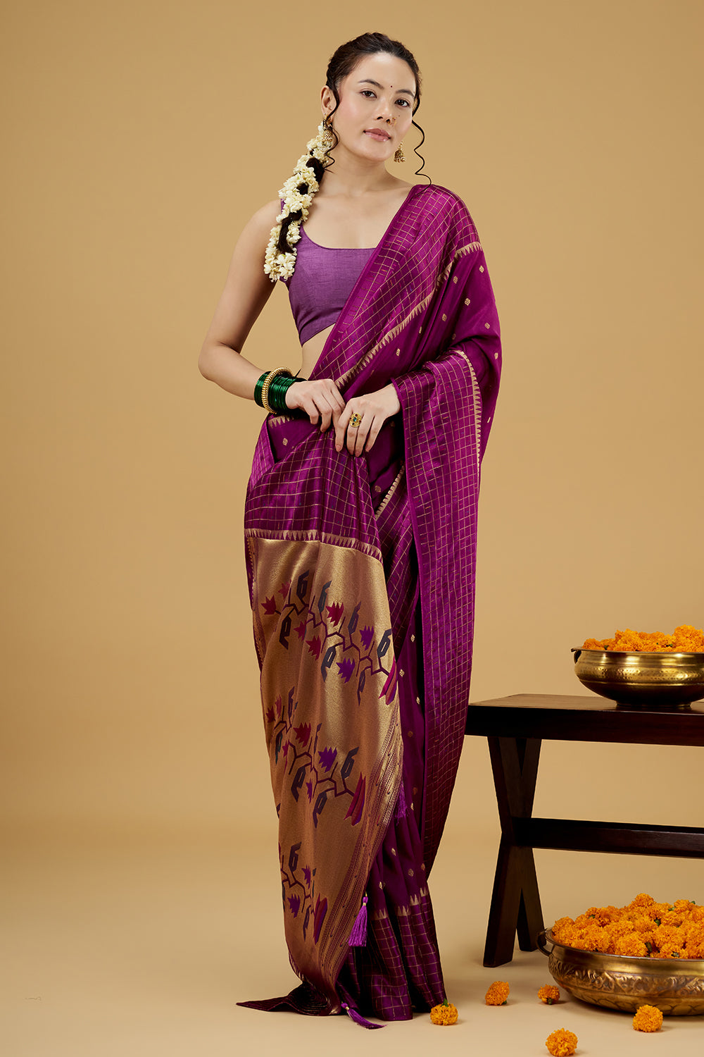 Purple Satin Silk Saree with Zari Work