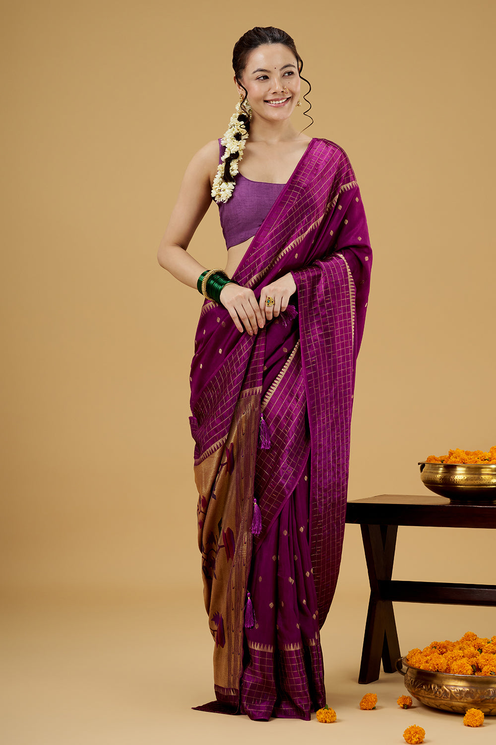 Purple Satin Silk Saree with Zari Work