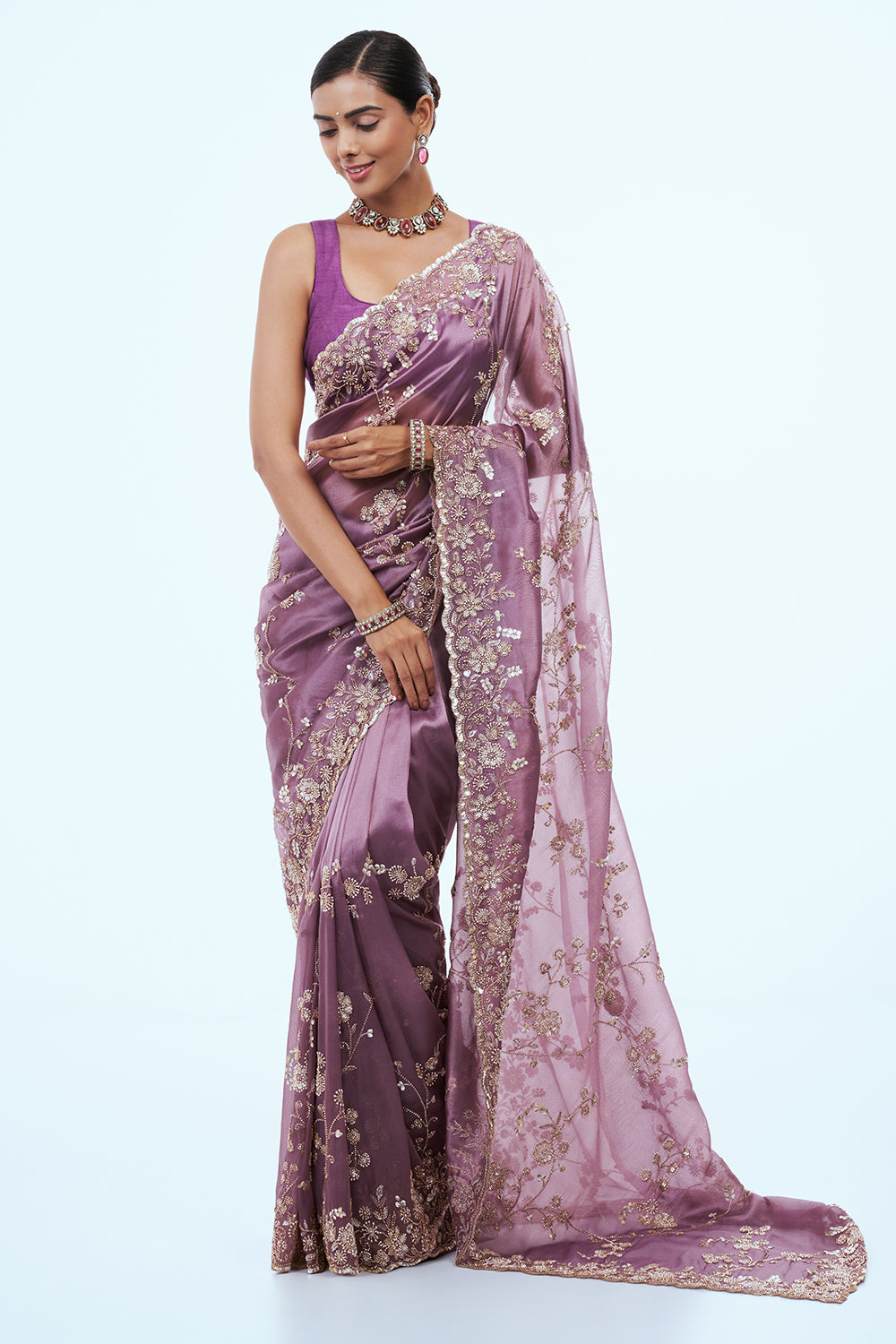 Purple Shimmer Zari Tissue Saree with Bead Work
