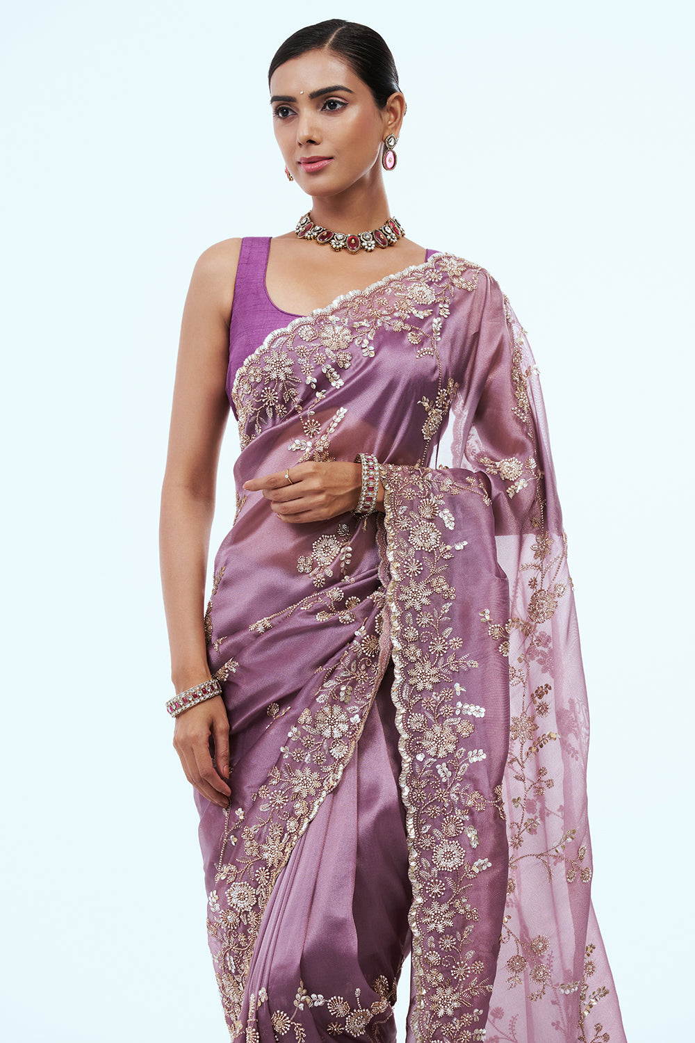 Purple Shimmer Zari Tissue Saree with Bead Work