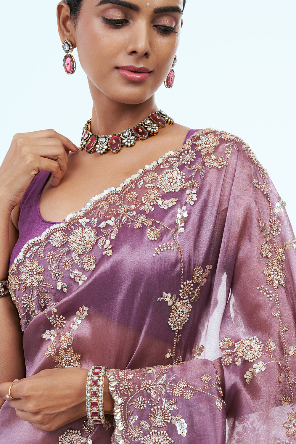 Purple Shimmer Zari Tissue Saree with Bead Work