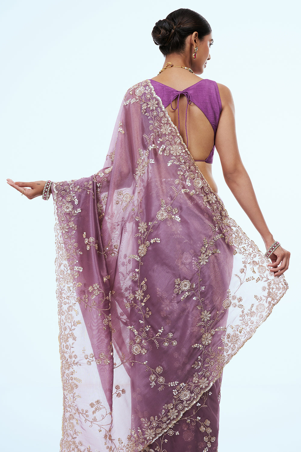 Purple Shimmer Zari Tissue Saree with Bead Work