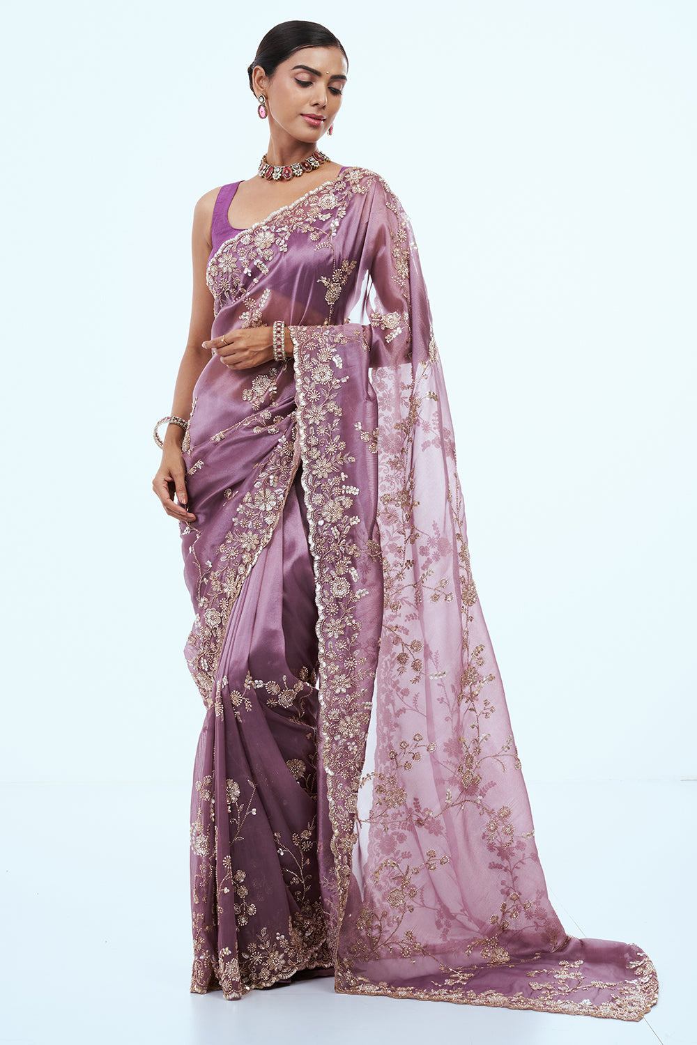 Purple Shimmer Zari Tissue Saree with Bead Work