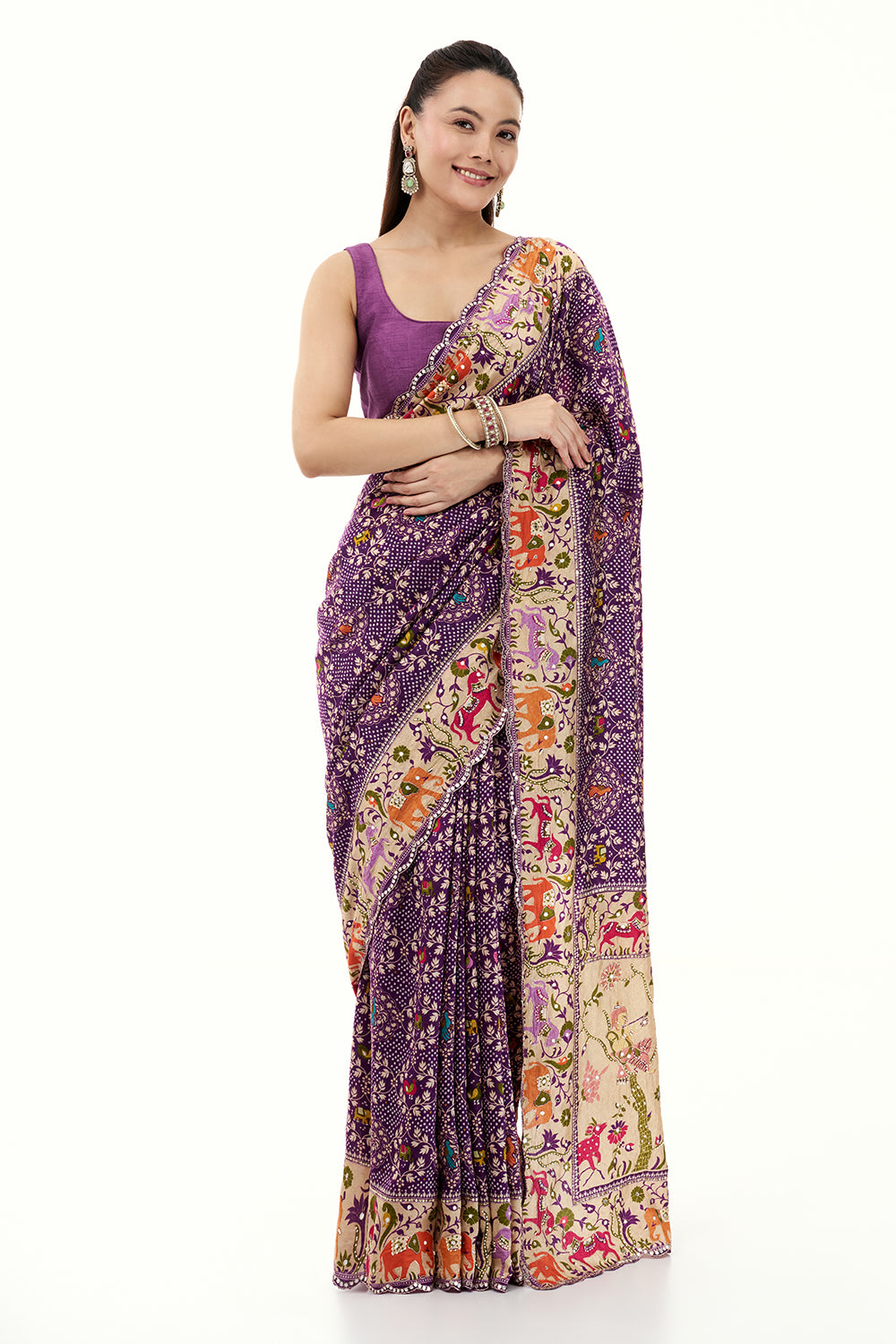 Purple Silk Bandhej Print Saree with Mirror and Zari Work