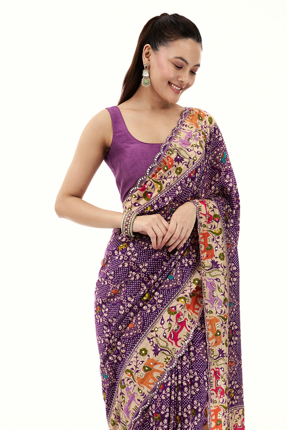 Purple Silk Bandhej Print Saree with Mirror and Zari Work