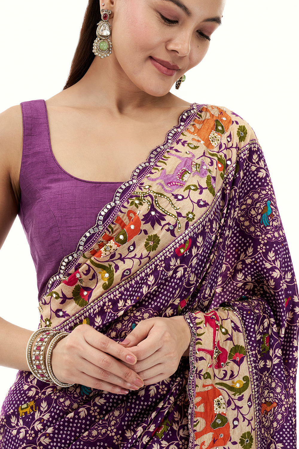 Purple Silk Bandhej Print Saree with Mirror and Zari Work