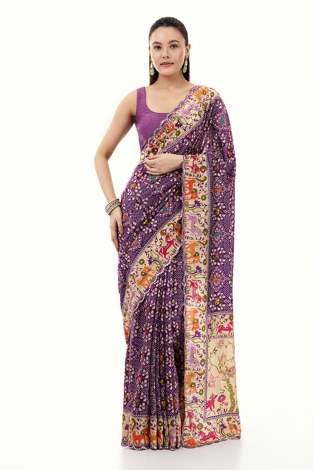 Purple Silk Bandhej Print Saree with Mirror and Zari Work