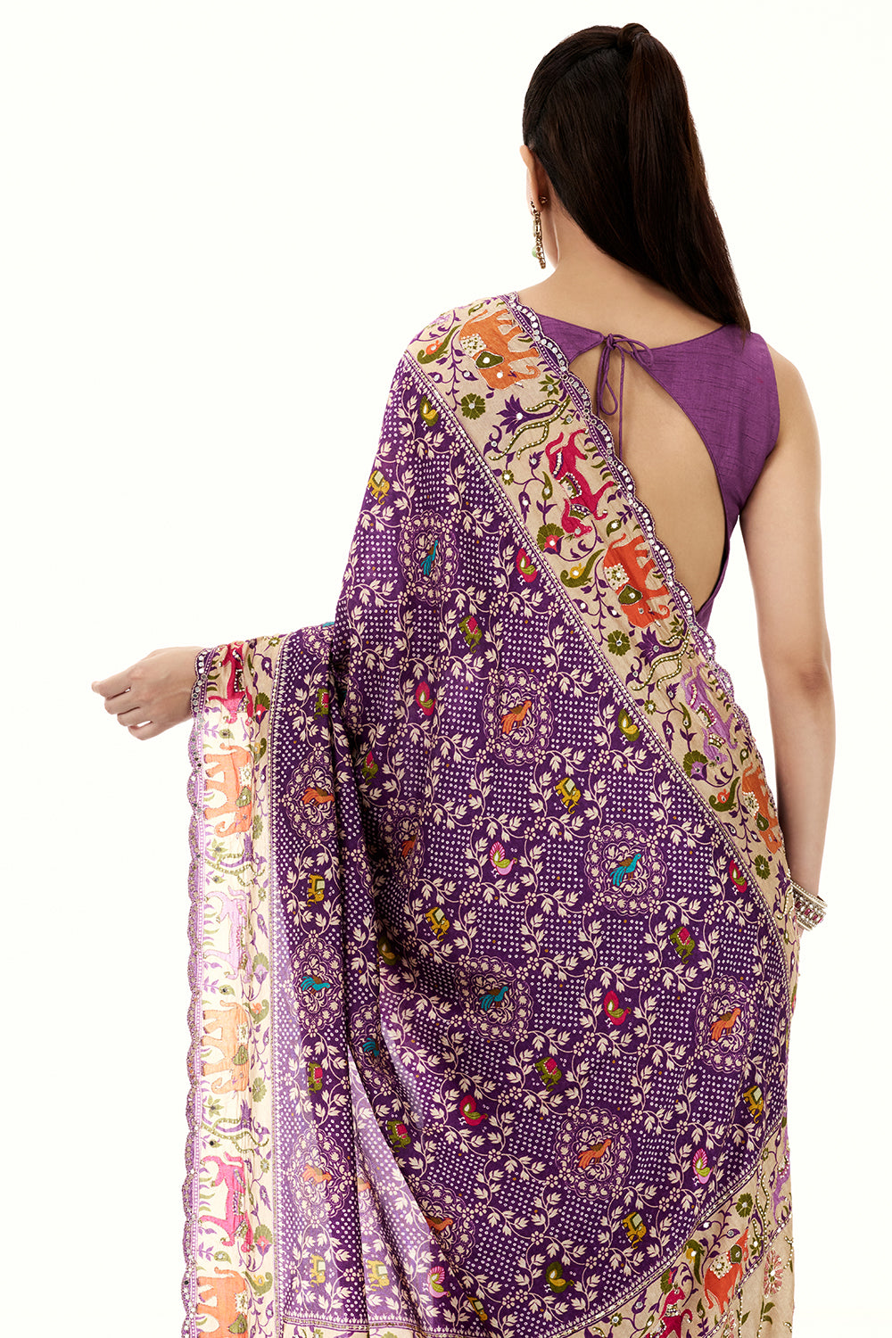 Purple Silk Bandhej Print Saree with Mirror and Zari Work