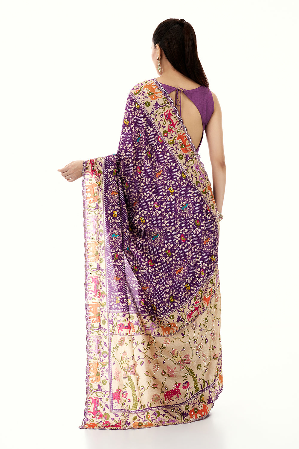 Purple Silk Bandhej Print Saree with Mirror and Zari Work