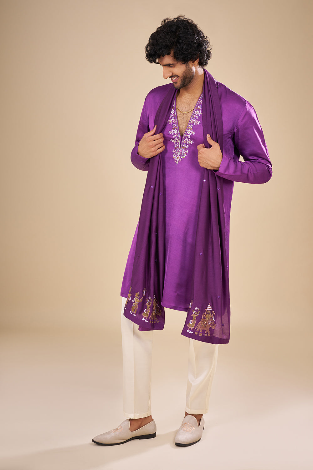 Purple Silk Kurta Set with Thread Embroidery