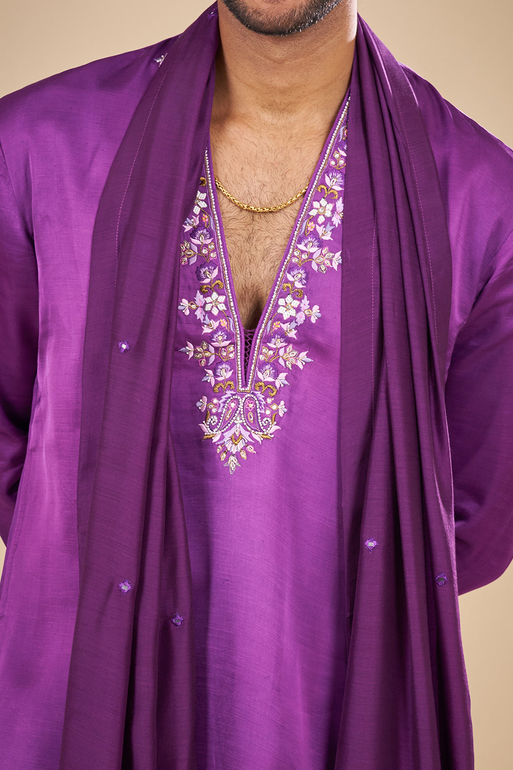 Purple Silk Kurta Set with Thread Embroidery