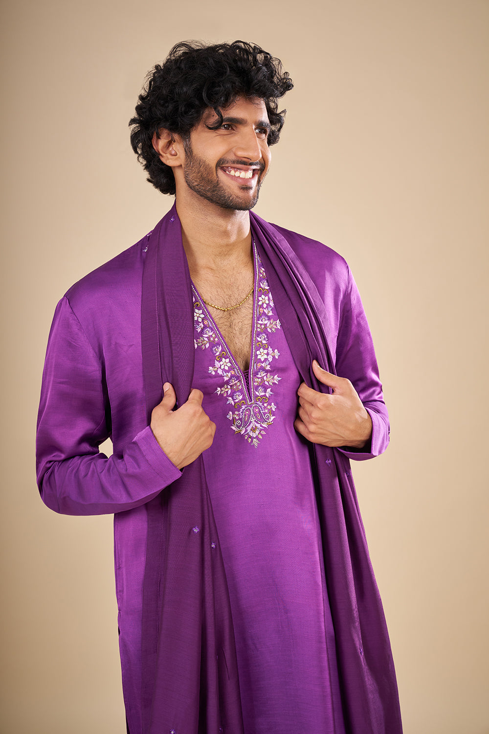 Purple Silk Kurta Set with Thread Embroidery
