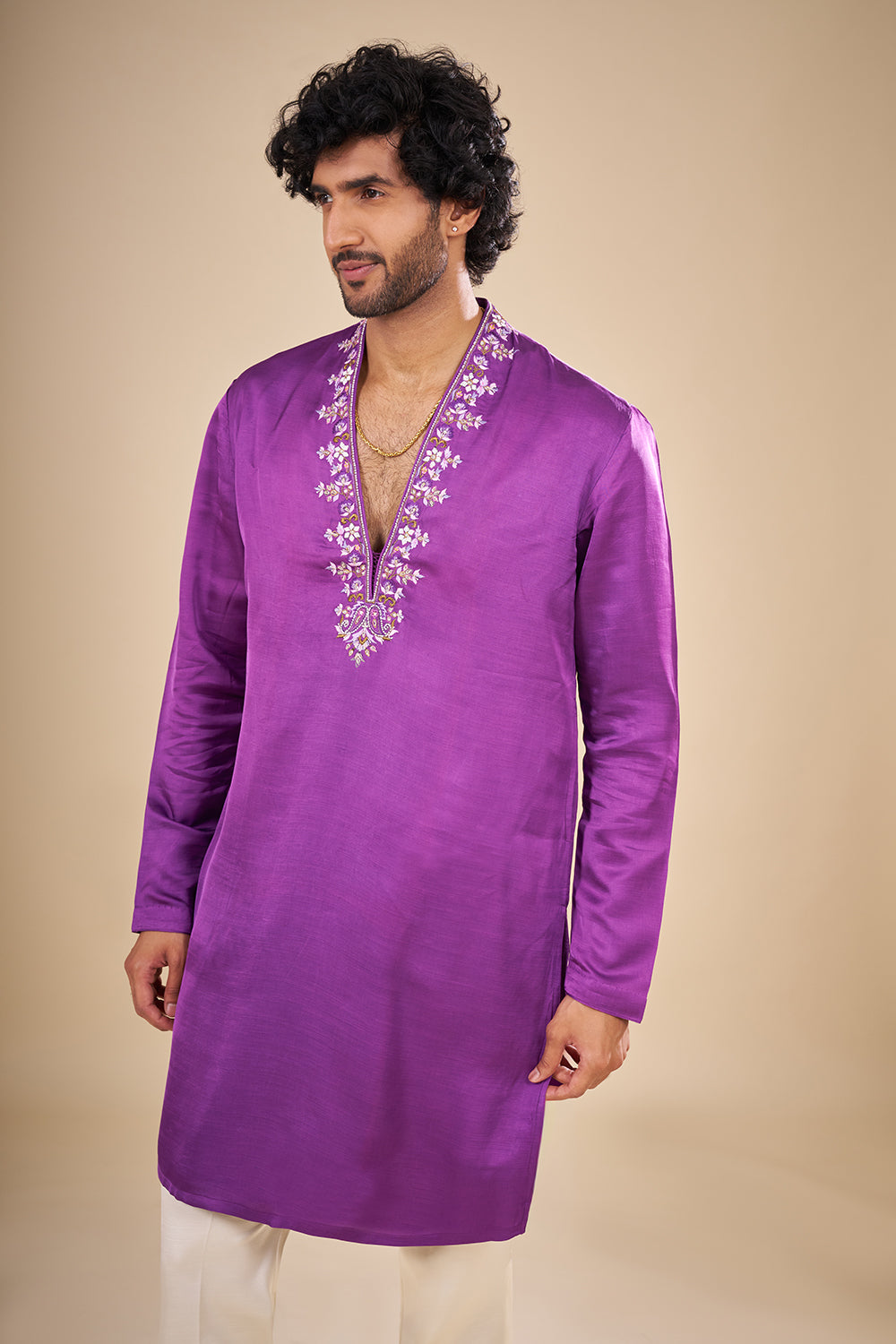 Purple Silk Kurta Set with Thread Embroidery