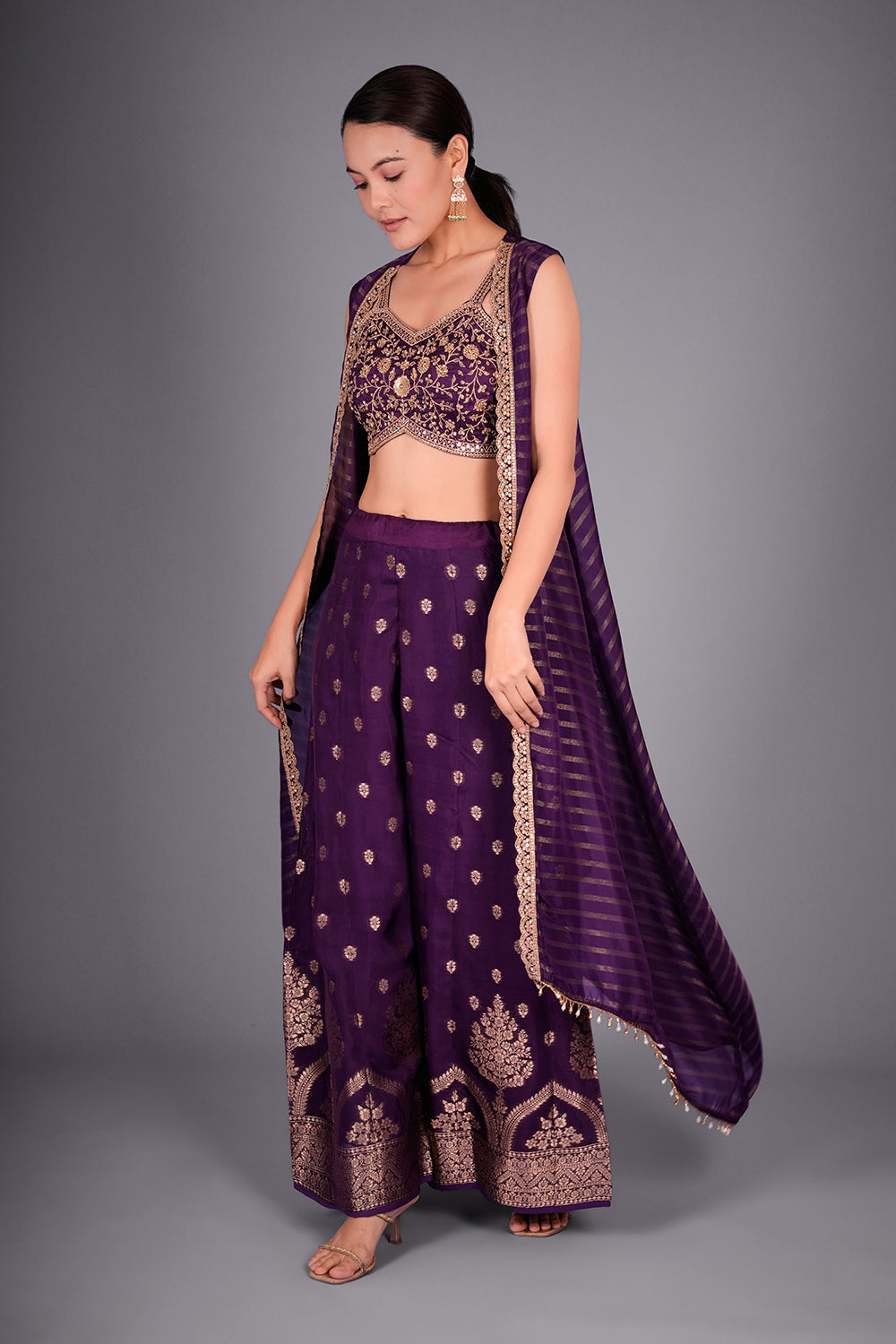 Purple Co-ord Set with Embroidered Bustier and Leheriya Cape