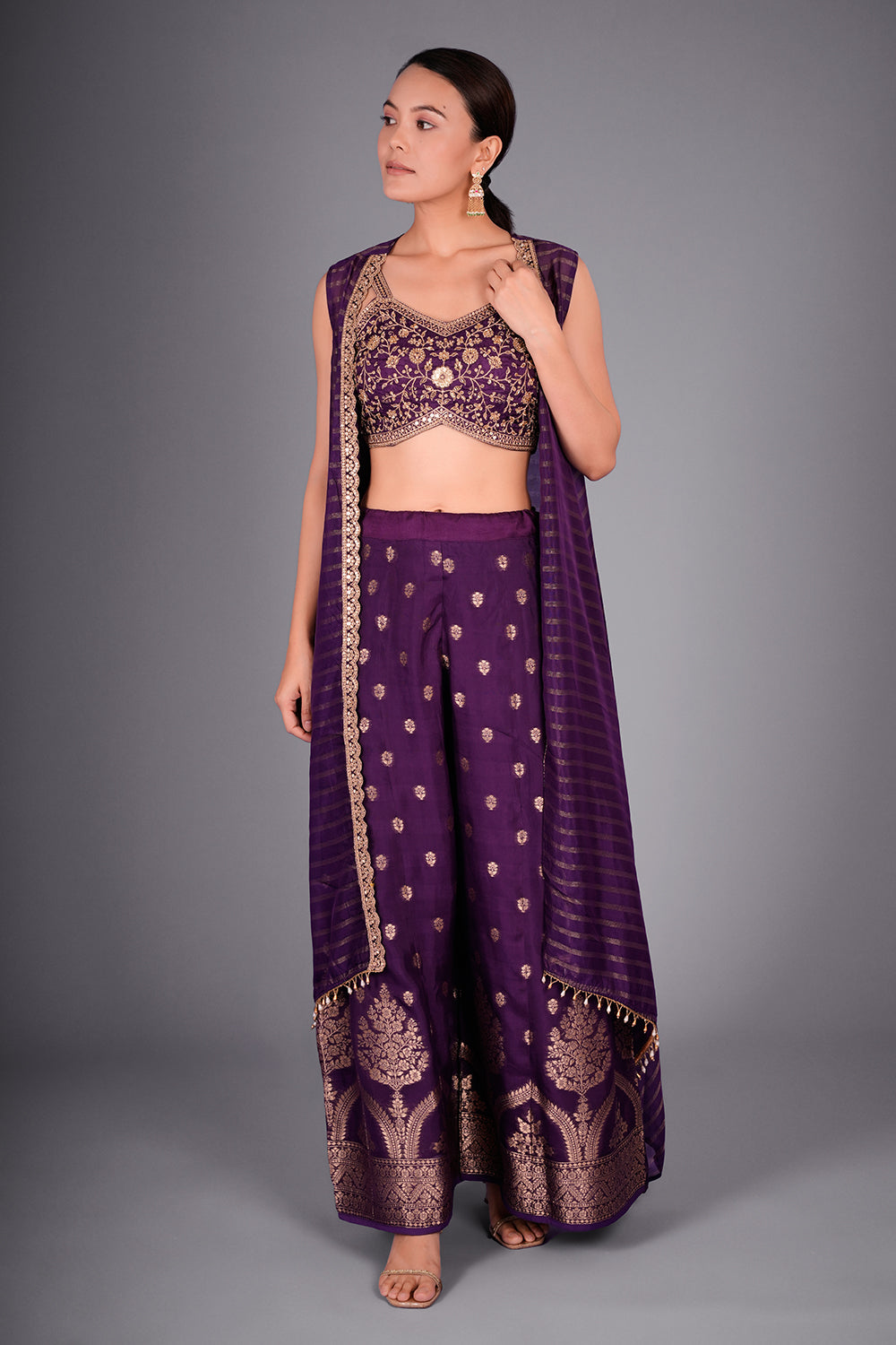 Purple Co-ord Set with Embroidered Bustier and Leheriya Cape