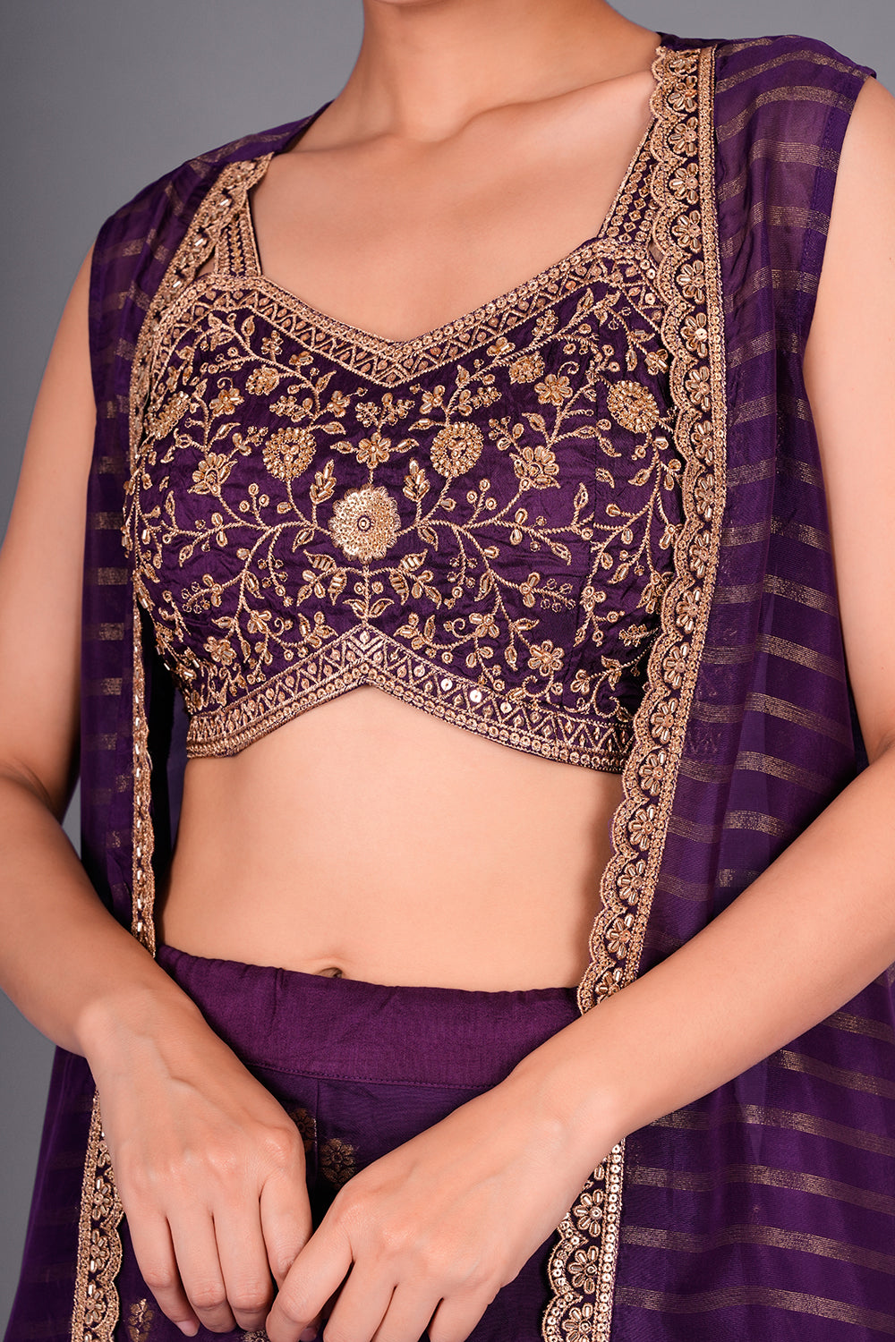 Purple Co-ord Set with Embroidered Bustier and Leheriya Cape