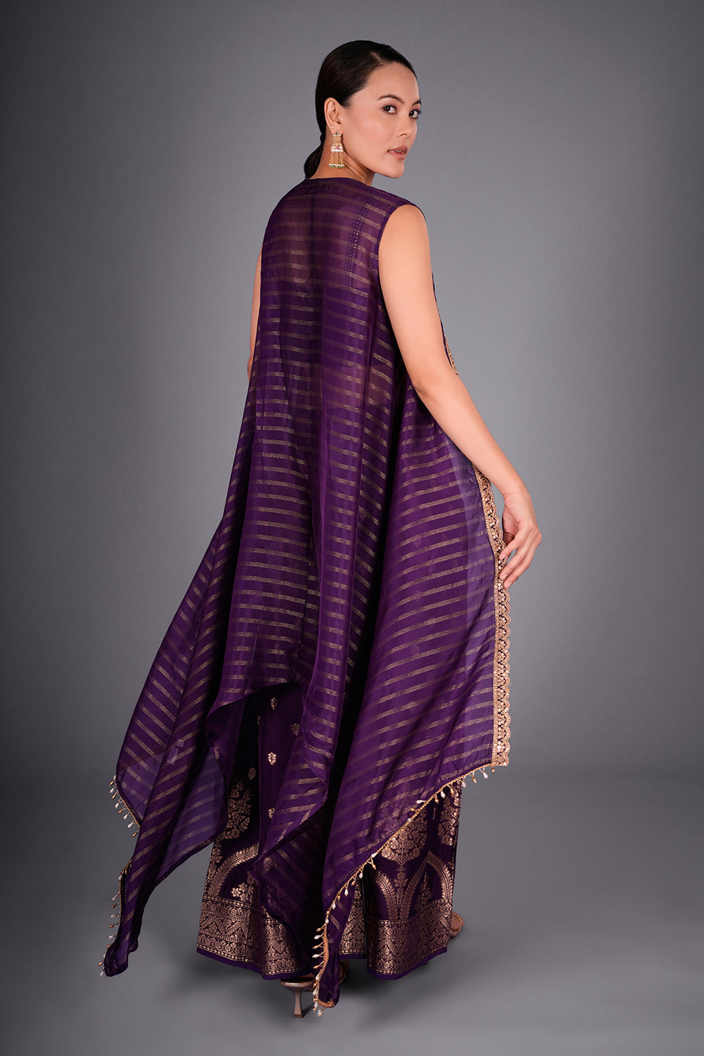 Purple Co-ord Set with Embroidered Bustier and Leheriya Cape